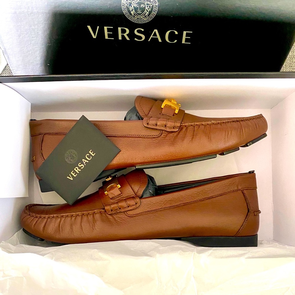 Versace Men's Brown Leather Medusa Buckle Moccasin